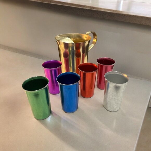 Aluminum Gold Pitcher & 6 Colorful Cups,Vintage,Vibrant,Pride, Retro MCM - Picture 2 of 16